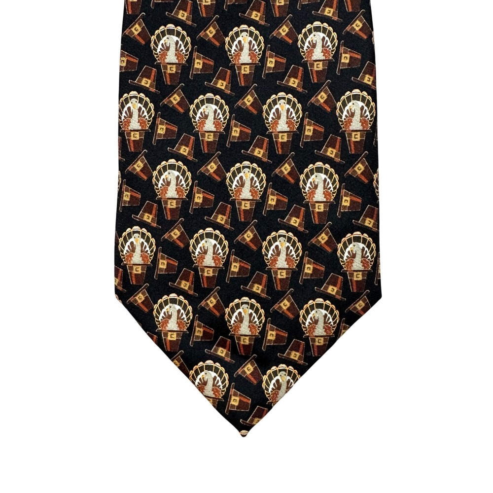 Oak Hill Mens Silk Tie Black Thanksgiving Turkey Pilgrim Hat Novelty Holiday 58"